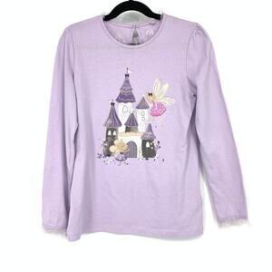 C&A Long Sleeve Castle Fairy Print T-Shirt Girls Size 10Y Purple Glitter Trim